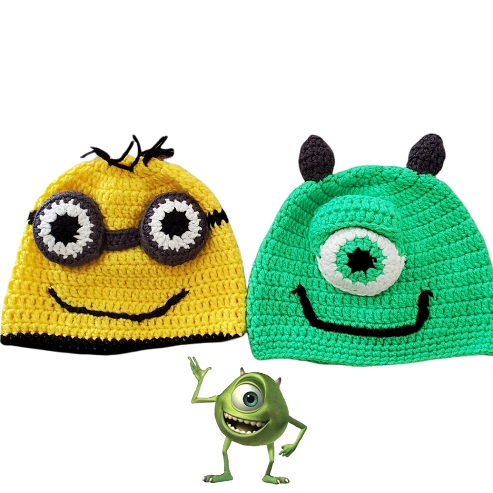 Two Handmade Crochet Hats.  Minions and Monsters Inc.